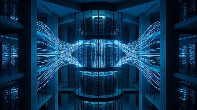 Futuristic server room interior with glowing blue data streams connecting high tech computer racks in a dark facility