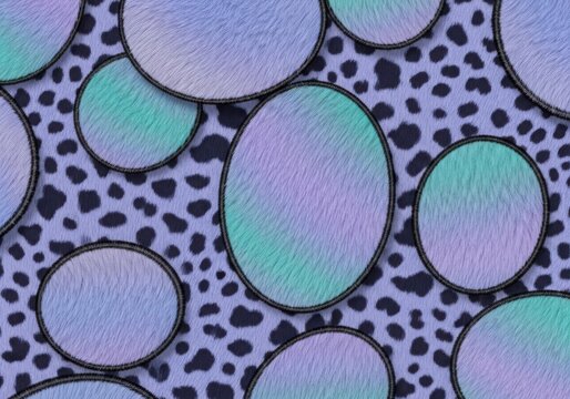 Iridescent oval patches with textured gradient colors on a purple leopard print background
