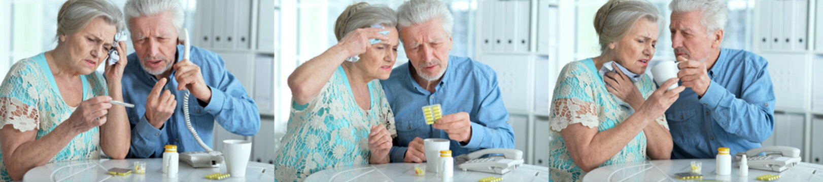 Elderly couple with medication and phone call at home