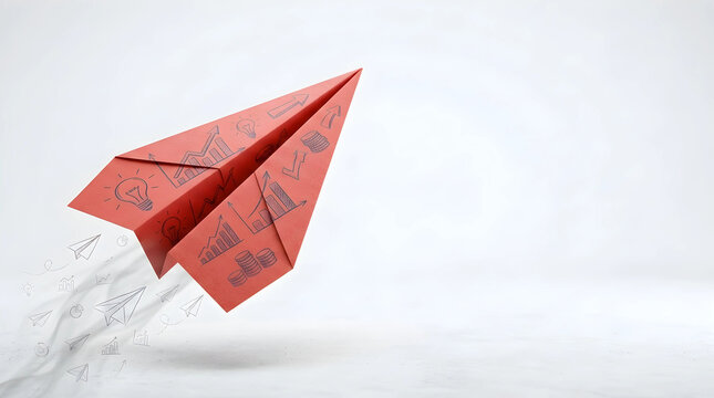 Red paper airplane with hand-drawn business charts and innovation icons flying high, symbolizing creative startup growth, financial success, and corporate strategy launch on clean background.