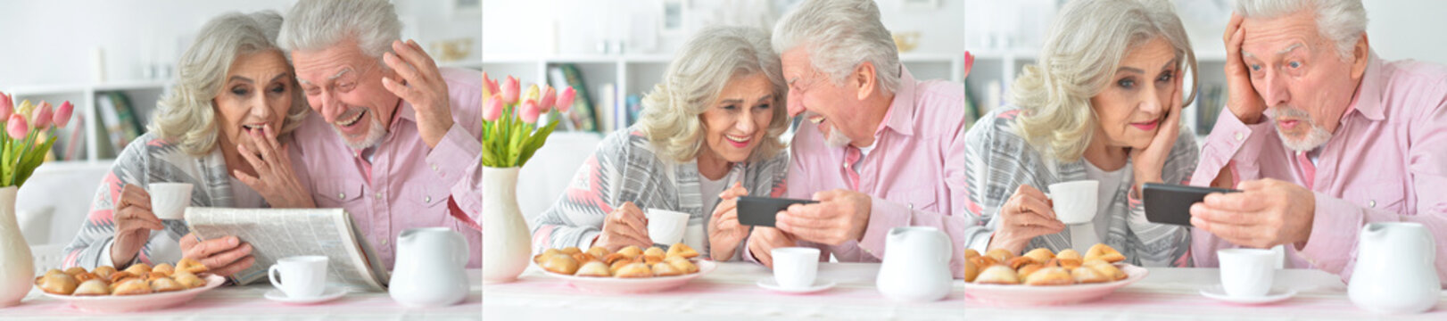 Happy senior couple and friends enjoying coffee and pastries at home
