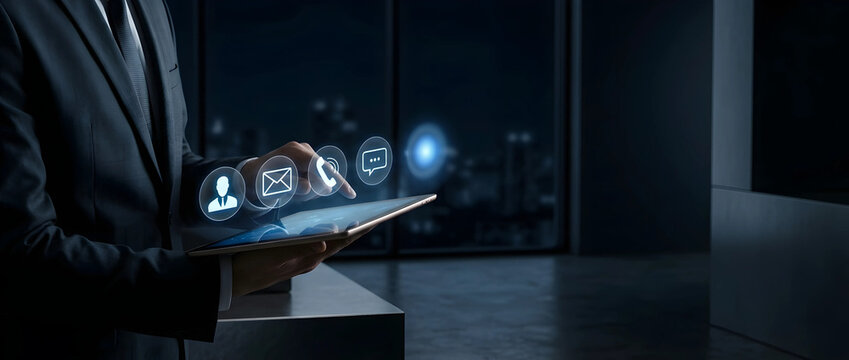 Businessman using digital tablet with holographic communication icons for global networking and customer support in modern dark office