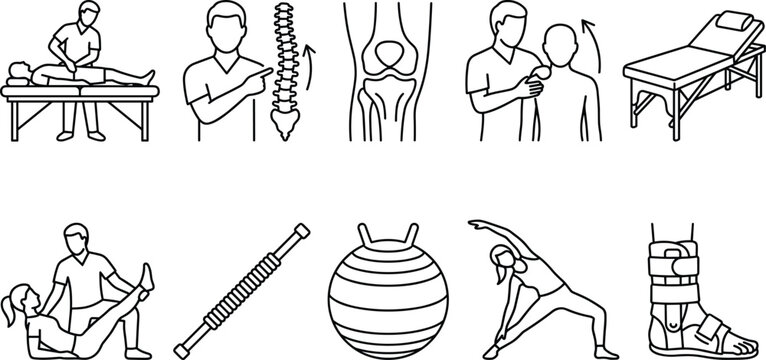 Physiotherapy rehabilitation and chiropractic spine care line icon set for physical therapy wellness application layouts