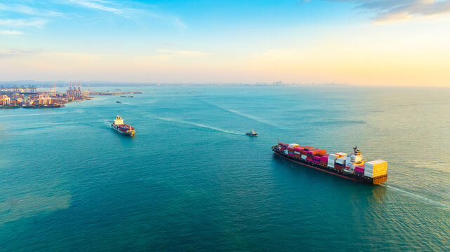 Aerial view of the freight shipping transport system cargo ship container. international transportation Export-import business, logistics, transportation industry concepts	
