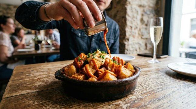 Pouring spicy red sauce over patatas bravas in clay bowl at busy tapas bar with wine glass and people in blurred background scene.