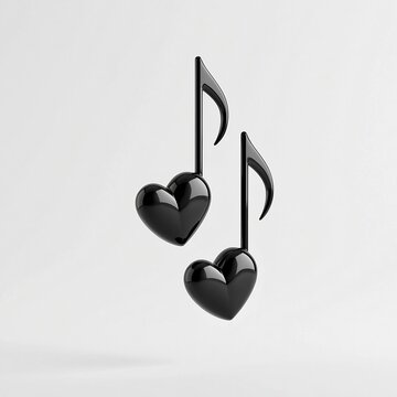 Two black glossy 3D rendered musical eighth notes with heart shaped note heads isolated on plain light gray background love music and romantic Valentine��s Day concept