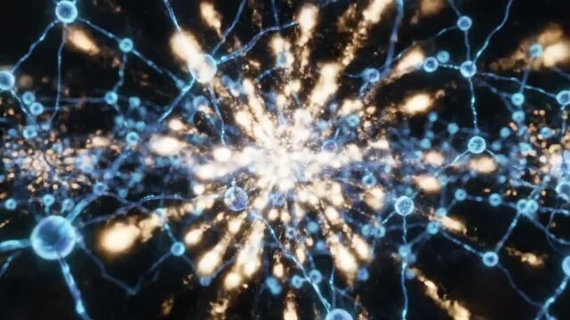 Neural Network Abstract: A stunning visualization of interconnected neurons firing with vibrant blue and golden light.