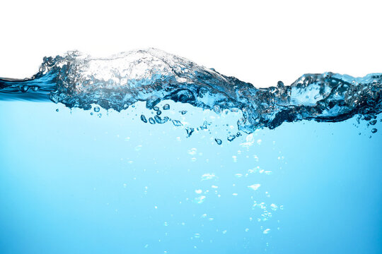 Splashing water wave, air bubbles float up in the water. pure drinking water, oxygen relaxation. clean and clear water textured on white background