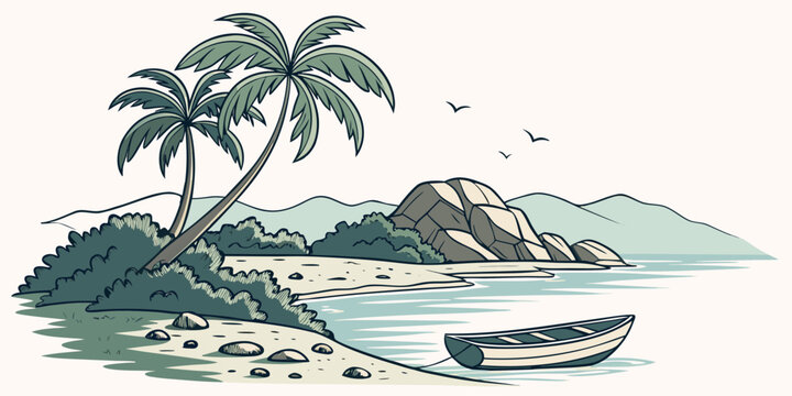 Tropical island coastal landscape with palm trees boat and rocky shore small boat tropical paradis