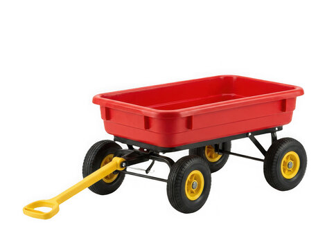 Red toy wagon with yellow handle isolated on transparent background