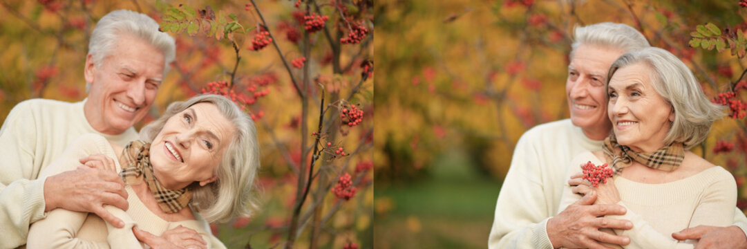 Happy Senior Couple Hugging in Autumn Garden with Red Berries
