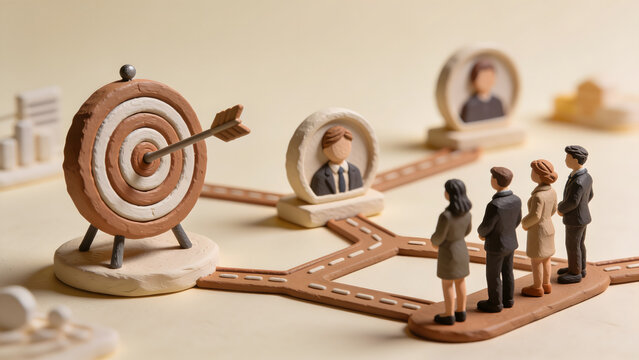 3D Clay Claymation Business Team Targeting Precision Sales Arrow Bullseye, AI Customer Persona Profiles, Data Driven Marketing Strategy, and Goal Achievement Concept