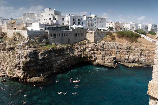 aerial view of lama monachile beach in polignano a mare, apulia, italy