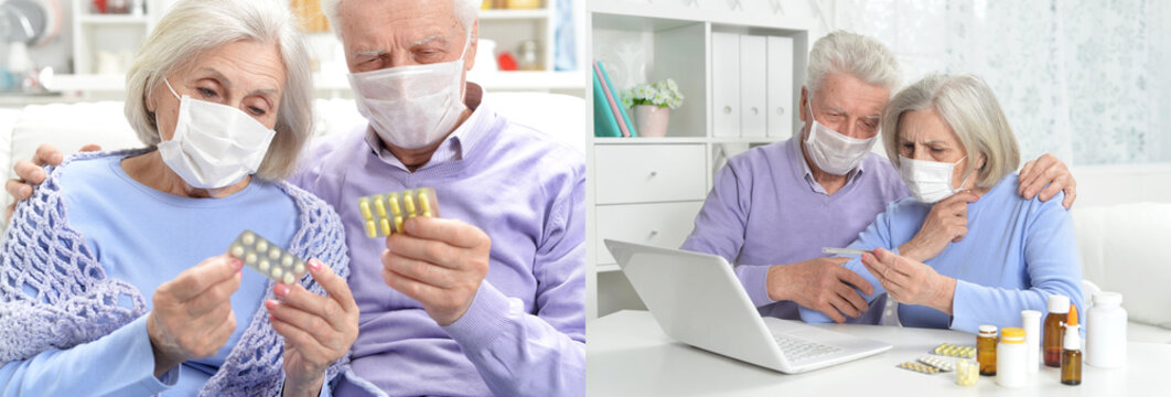 Seniors with face masks taking medication and using a laptop at home