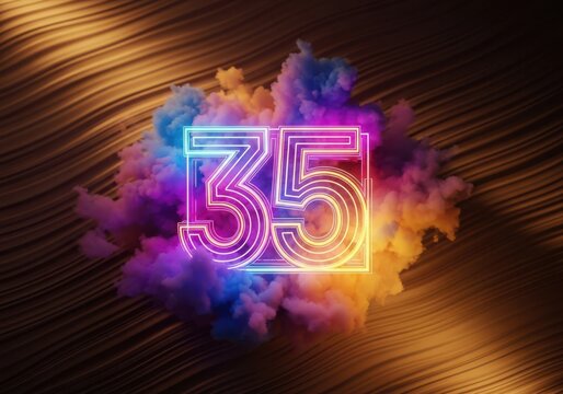 Neon number 35 inside a glowing cloud of blue and orange smoke on a wavy textured background
