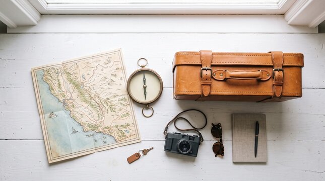 Vintage Travel Essentials: A curated collection of classic travel items including a map, compass, vintage camera, sunglasses, and a leather suitcase, laid out on a rustic wooden surface.