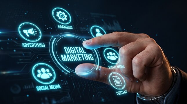 Digital Marketing Strategy: A hand interacts with a digital interface, highlighting key elements of digital marketing and online strategy, signifying growth and connection
