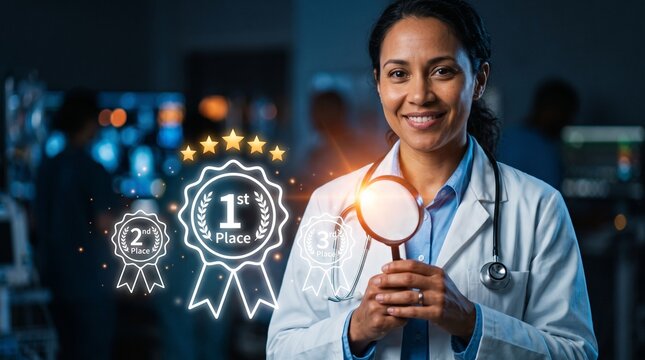 Medical Excellence Award: A smiling female doctor holds a magnifying glass, signifying meticulous care and research, while digital badges display '1st Place' and '2nd Place' awards.