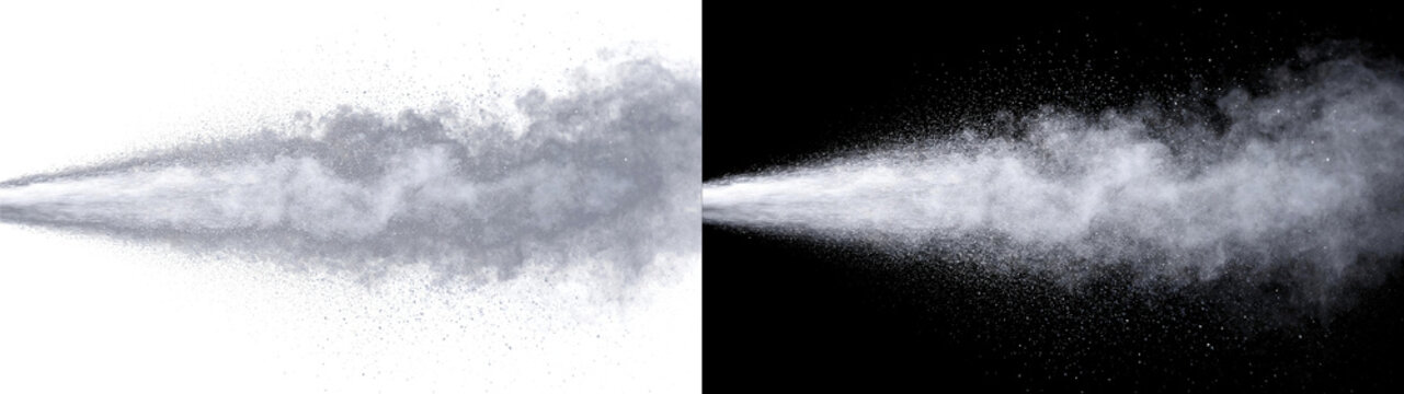 Png of white powder explosion or spray of flour or dust particles, dynamic cloud of white particles isolated on transparent background and black background