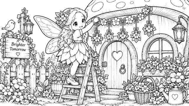 Black and white coloring page, detailed adult coloring book, clean line art, no shading, maintaining the same character appearance, art style, and line work as the reference image: a little fairy stan