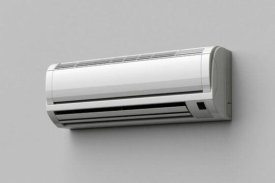 Modern split system indoor air conditioner unit mounted on plain light gray wall for home interior cooling and climate temperature control concept