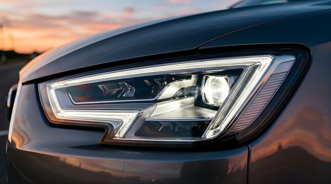 Modern car headlight glowing at sunset with sunset reflection on hood