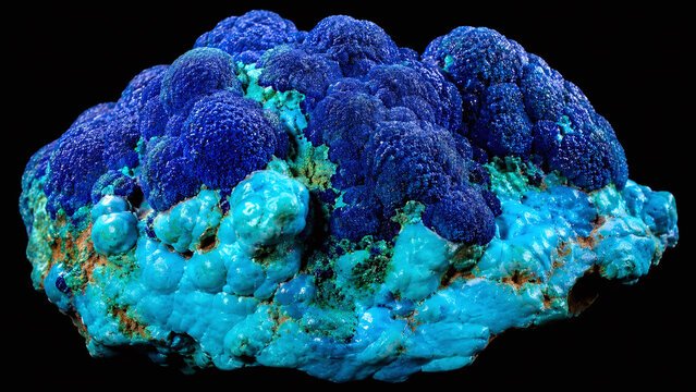 Azurite botryoidal cluster with chrysocolla coating macro deep cobalt blue with turquoise sky blue three copper mineral phases black velvet specimen