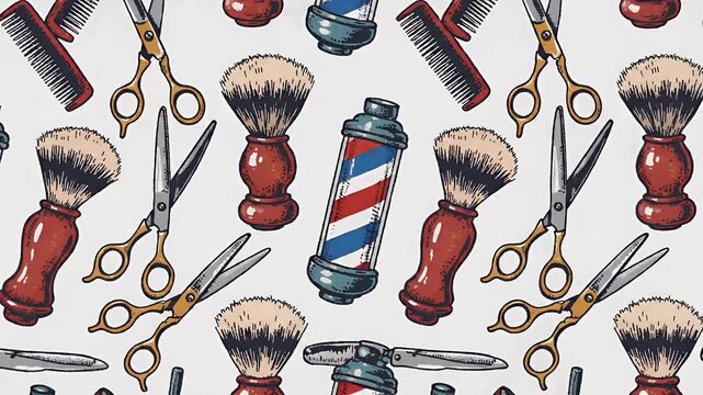  Barber shop pattern loop with scissors, shaving brush, barber pole, and comb on white background, vintage style