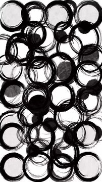 Abstract circular ink brush strokes overlay, black and white graphic, dynamic motion background