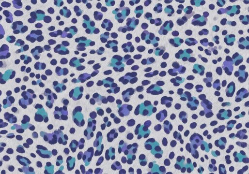 Seamless leopard print pattern with blue, teal, and purple spots on a white background