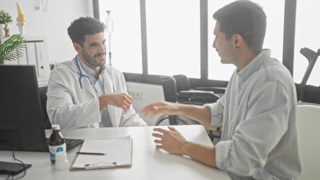 Man doctor in white coat with stethoscope shakes hand with patient across clinic desk beside computer and wheelchair in building; trust reassurance.