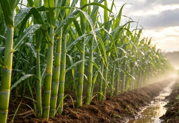 Obraz premium Lush sugarcane plantation after rain with wet soil, sparkling droplets, mist, and warm golden sunlight.