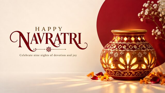 Happy navratri festive greeting card featuring a glowing traditional lantern