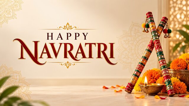 Happy navratri festive background with decorated dandiya sticks and glowing oil lamp