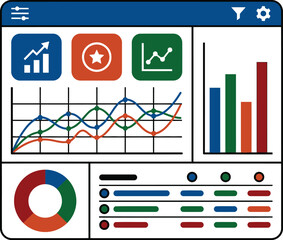 Fototapeta premium Digital business dashboard with financial charts and network analytics on futuristic interface