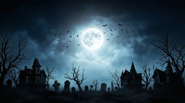 Spooky graveyard scene with haunted houses, bats flying, and a bright full moon in a dark night sky.