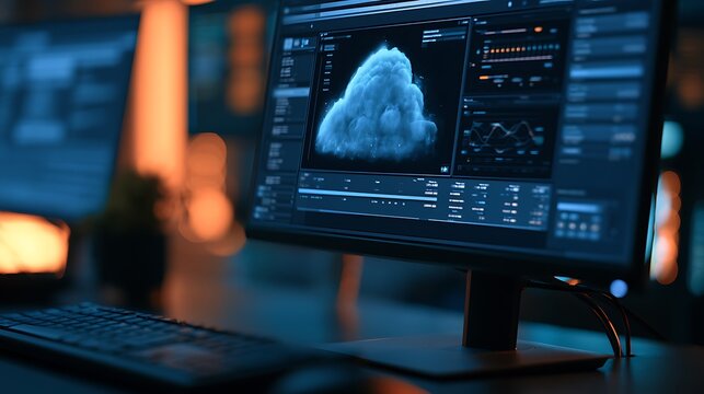 Computer monitor displaying abstract data visualization of cloud computing network.