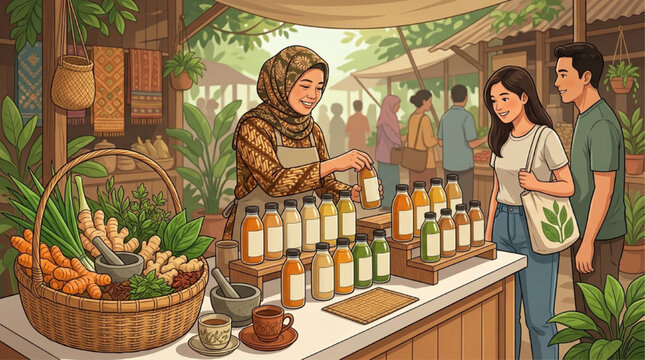 AI generated illustration of a smiling Muslim woman in a hijab selling traditional herbal jamu drinks at a sunny outdoor market stall to a young couple, healthy lifestyle concept.