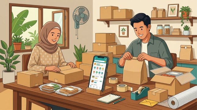 AI generated illustration of a Muslim couple packing shipping boxes and bags for an online small business in a home office with warm lighting and a productive atmosphere.