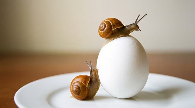 Two snails interacting with an egg in a still life composition
