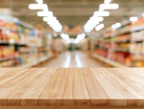 Wooden table surface with a blurred supermarket aisle background filled with shelves and products under bright ceiling lights.