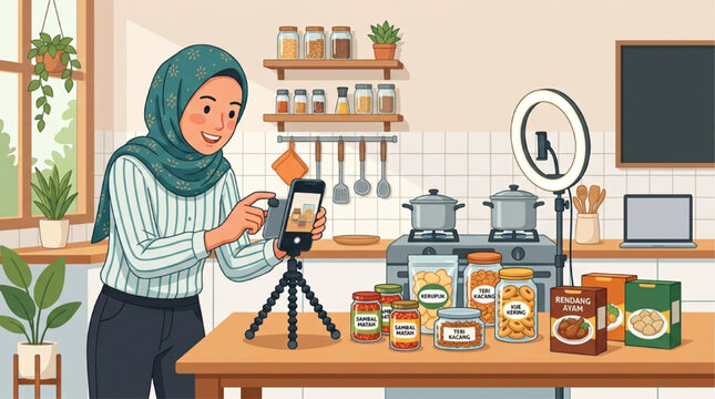 Muslim woman in hijab filming food review in bright kitchen with smartphone and ring light, flat vector illustration, AI generated