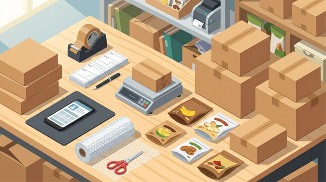 Isometric e-commerce shipping station with cardboard boxes, digital scale, smartphone, and packing supplies on wooden desk. Bright, organized warehouse fulfillment scene. AI Generated.