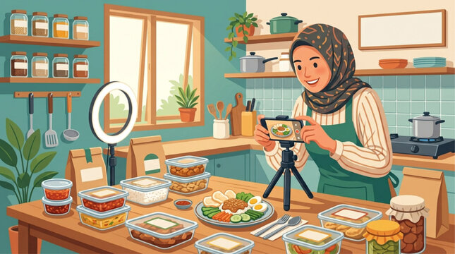 Muslim woman in hijab filming cooking vlog with smartphone and ring light in bright kitchen, meal prep containers on table, digital illustration, AI generated.