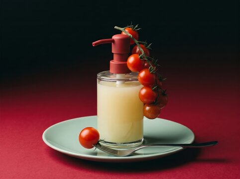 Still life with cherry tomatoes, soap dispenser, and glass of juice