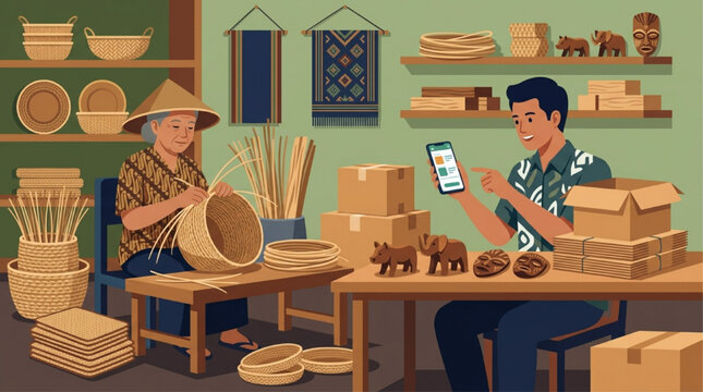 Flat vector illustration of an elderly woman weaving traditional baskets while a young man manages online sales via smartphone in a handicraft workshop. AI Generated.