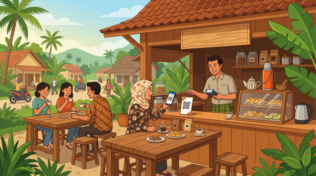 AI generated illustration of a traditional Indonesian village coffee stall with digital QR code payment, sunny rural landscape, warm community atmosphere.
