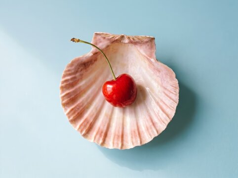 Red Cherry on Seashell Still Life with Soft Lighting and Calm Mood