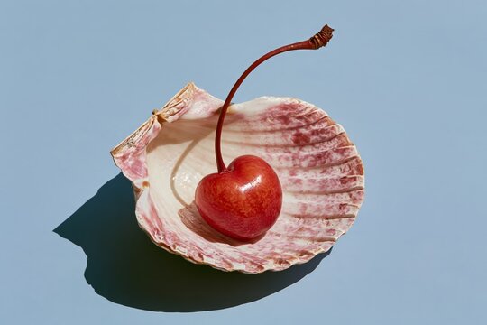 Close-up of cherry in seashell for food and still life photography