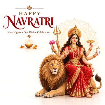 Happy navratri religious greeting with goddess durga and lion navratri religious